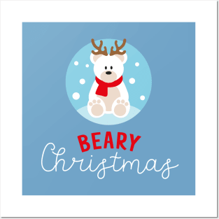 Beary Christmas - Cute Polar Bear with Antlers Posters and Art